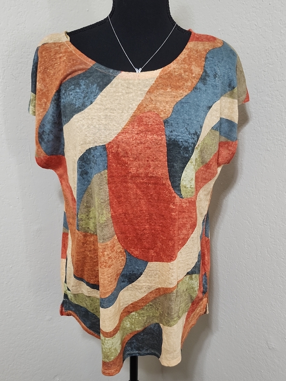 Rachel Zoe 100% Linen Abstract Print Top Sz L Boho Style Artistic Flare